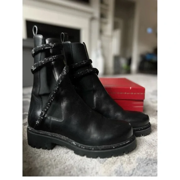 Rene Caovilla Black Leather Ankle Boots with crystal snake detail